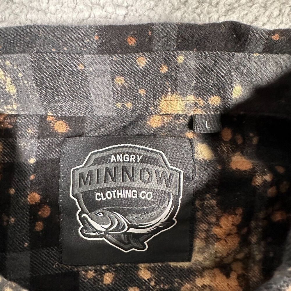Angry Minnow Flannel Shirt Mens‎ Large Gray Black Plaid Miller Beer Bleach New - Picture 2 of 9